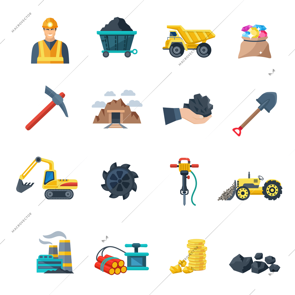 Mining industry and mineral extraction equipment icons flat set isolated vector illustration