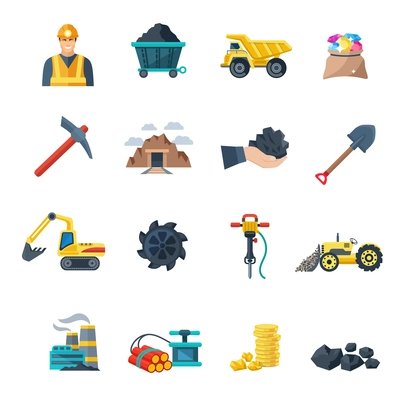 Mining industry and mineral extraction equipment icons flat set isolated vector illustration