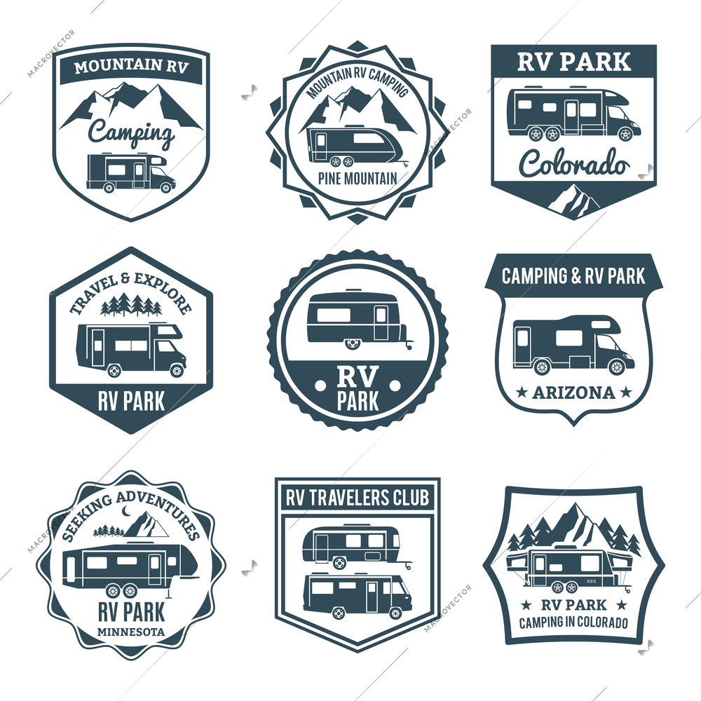 Recreational vehicle for camping and travel emblems set isolated vector illustration