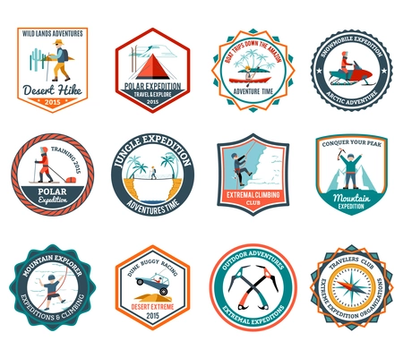 Desert jungle and mountain expedition emblems set isolated vector illustration