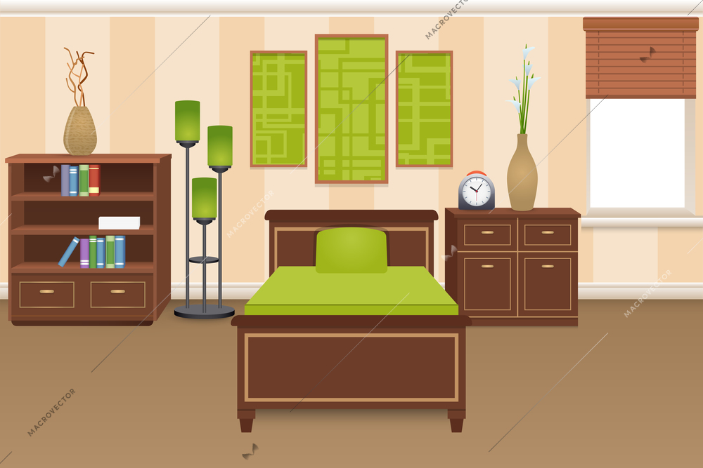 Bedroom interior concept with bed bookshelves and wardrobe vector illustration