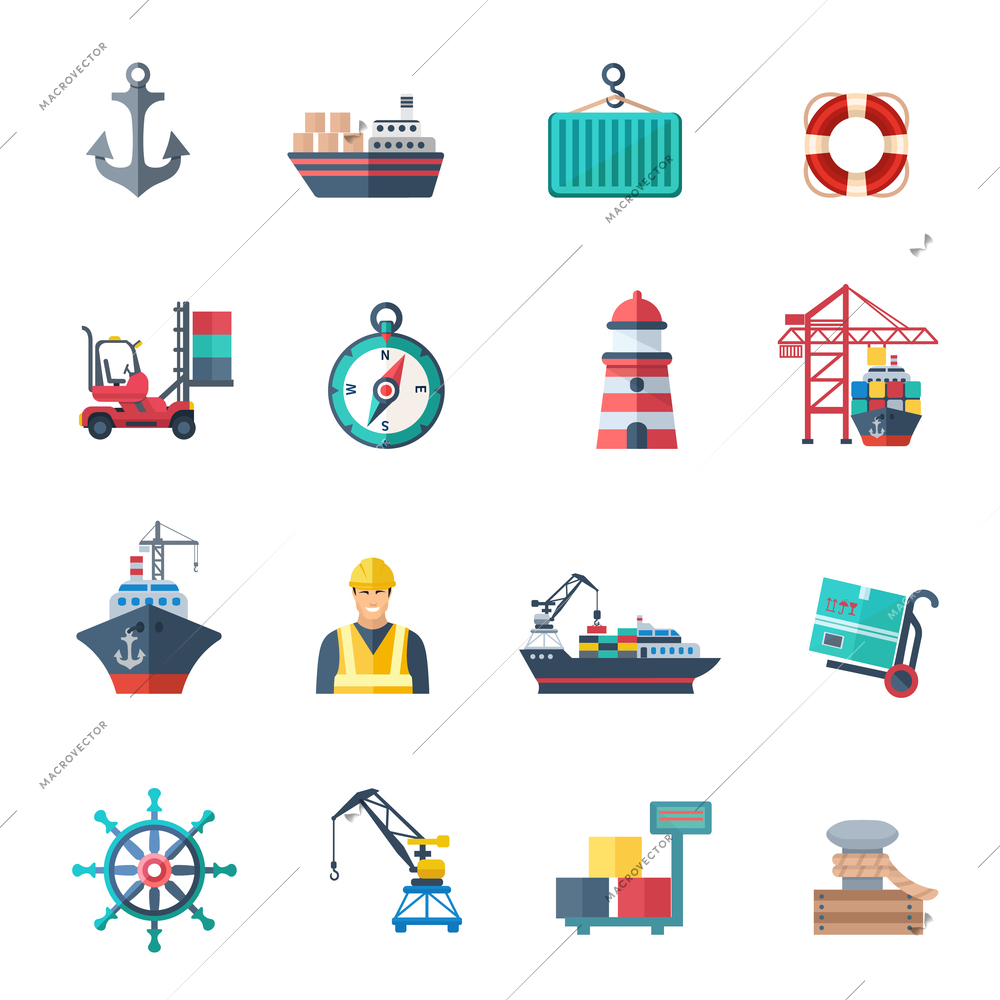 Sea port icons flat set with marine shipping isolated vector illustration