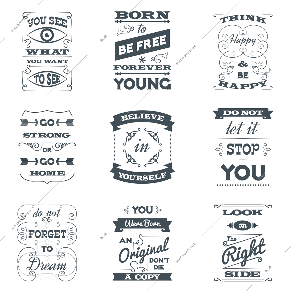 Quotes and motivation slogans typography set black isolated vector illustration