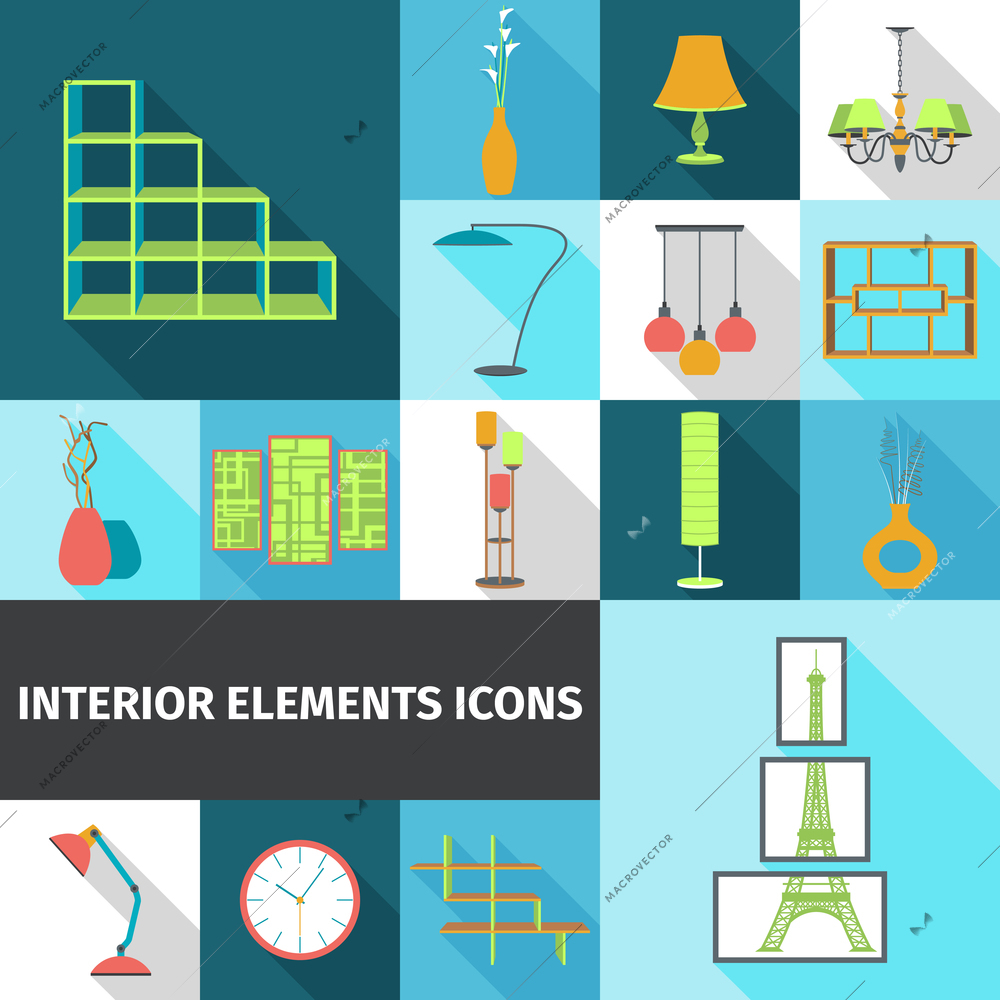 Interior elements with shelves and lamps flat icons set isolated vector illustration