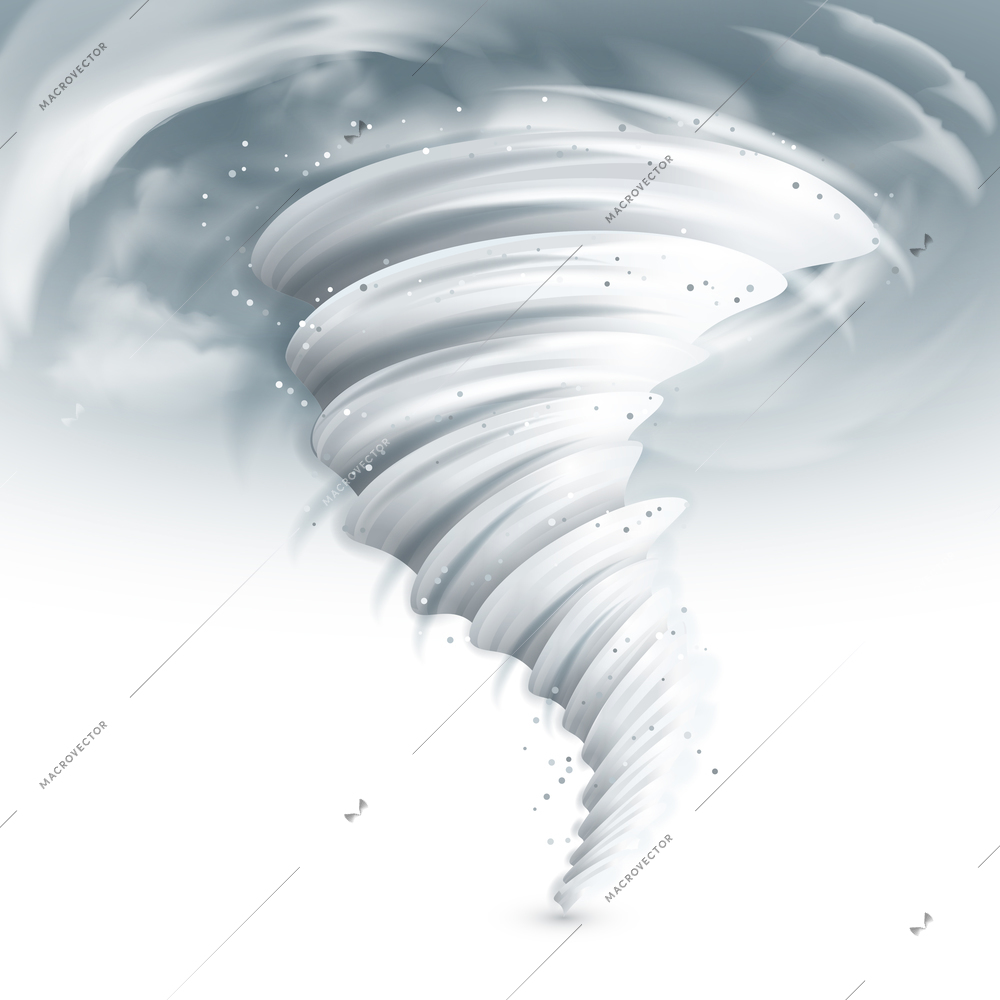 Realistic tornado swirl with dark clouds in sky vector illustration