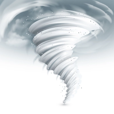 Realistic tornado swirl with dark clouds in sky vector illustration