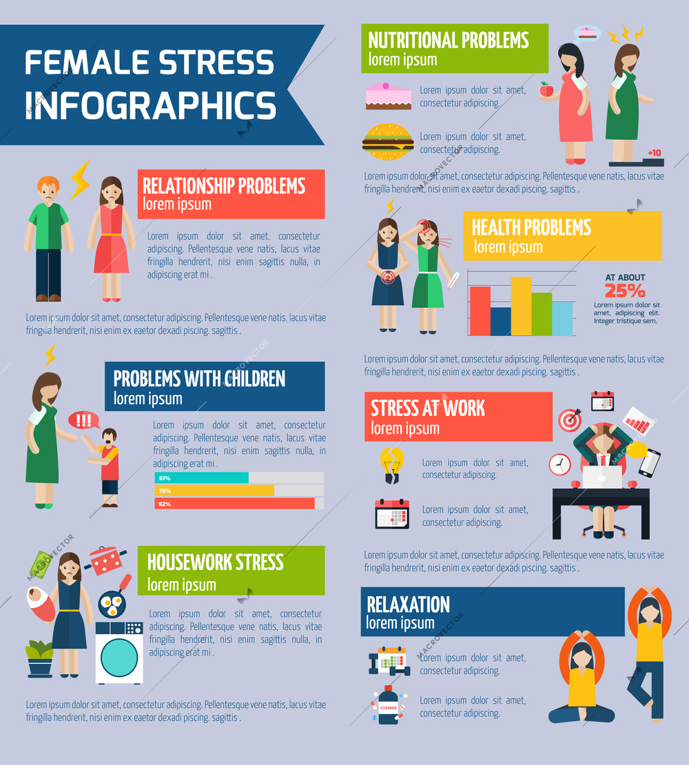 Female work home and relationship stress factors leading to depression infographic presentation layout poster abstract vector illustration