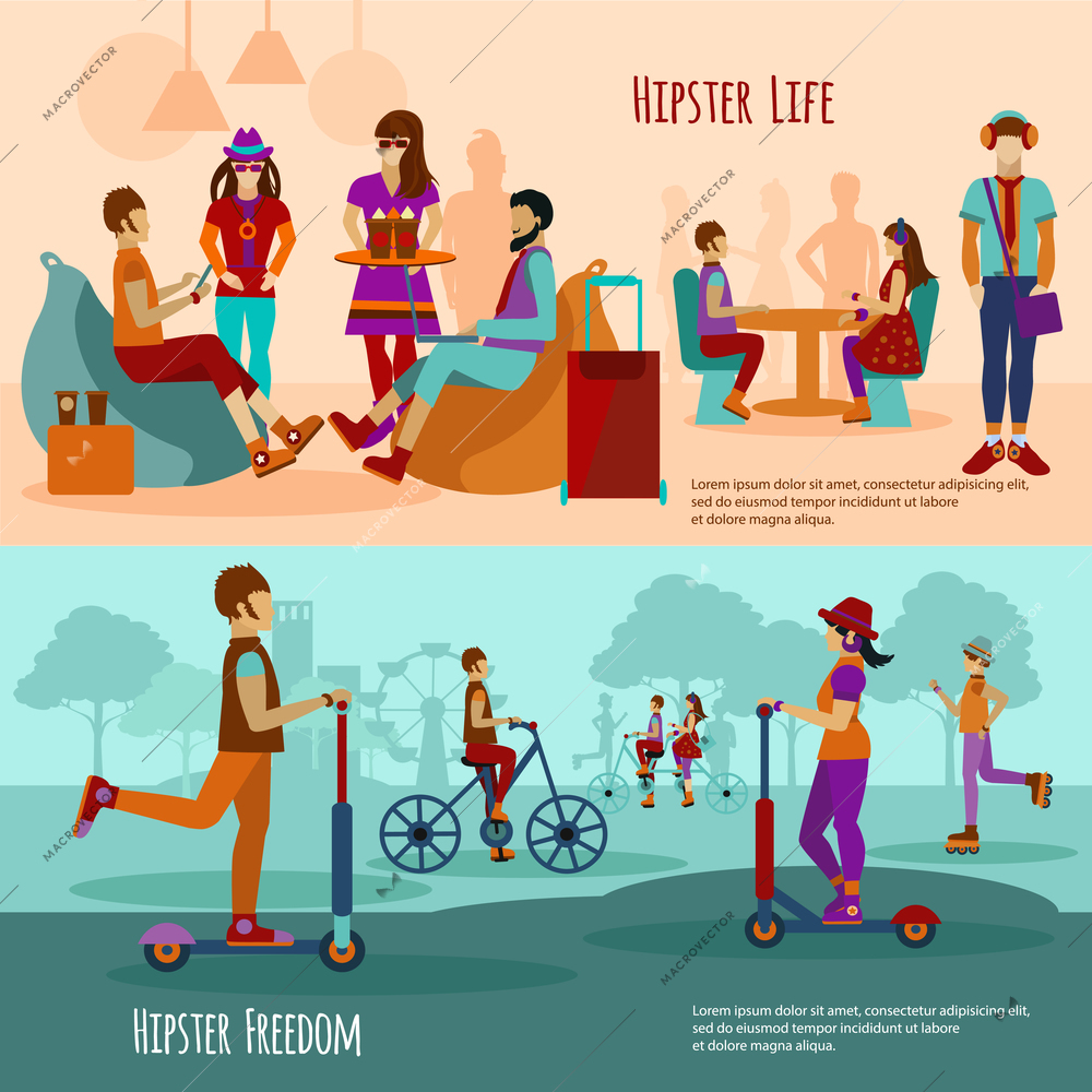 Hipster people horizontal banner set with youth style elements isolated vector illustration