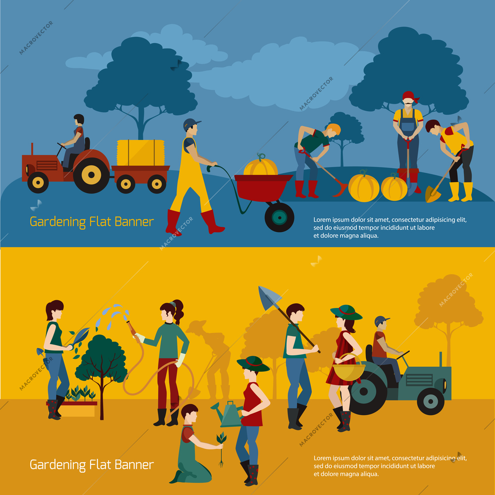 Gardening people with working tools horizontal banner set isolated vector illustration