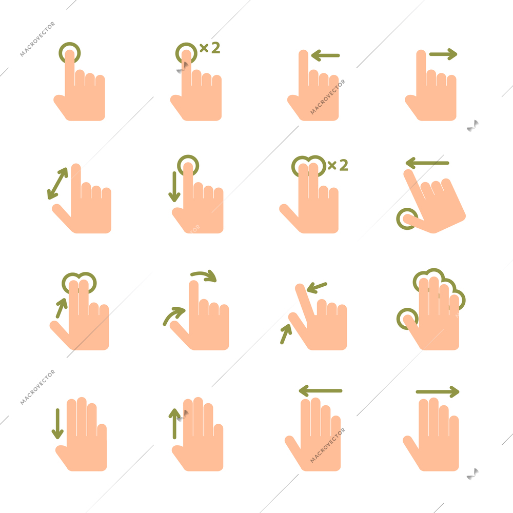 Touch screen hand gestures icons set of swipe pinch and tap isolated vector illustration