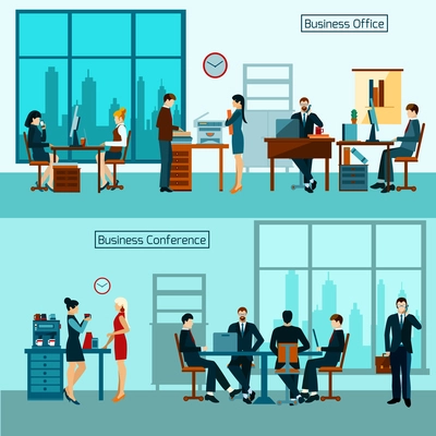 Office worker horizontal banner set with business conference isolated vector illustration