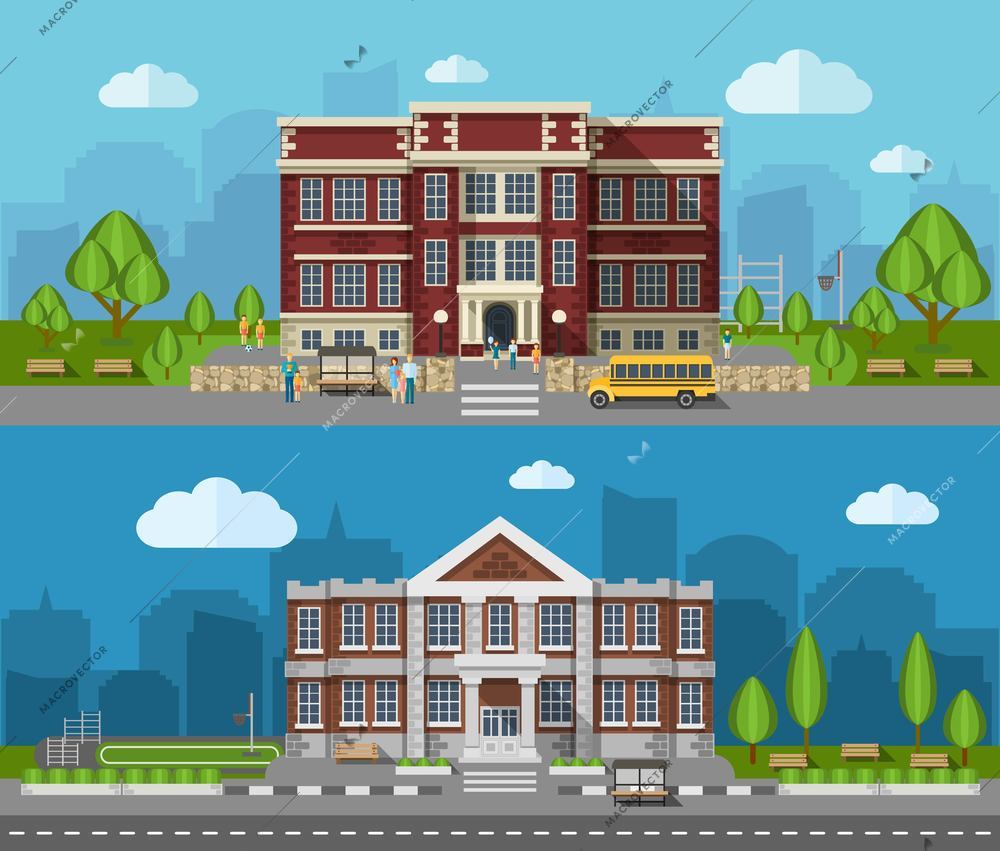 School buldings outdoors flat horizontal banner set isolated vector illustration