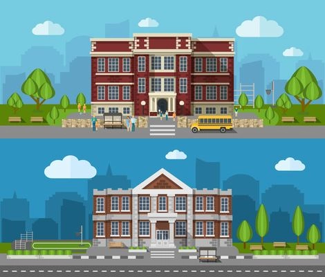 School buldings outdoors flat horizontal banner set isolated vector illustration