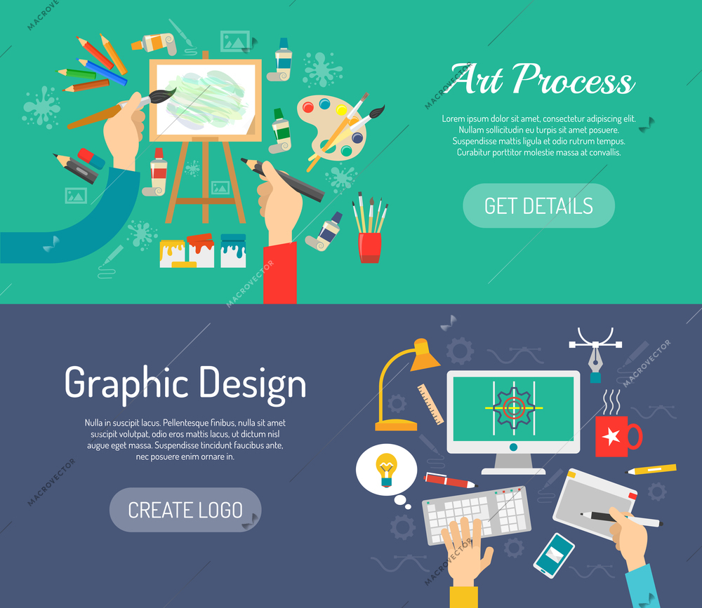 Creative process horizontal banners set with painter and graphic designer workspace isolated vector illustration