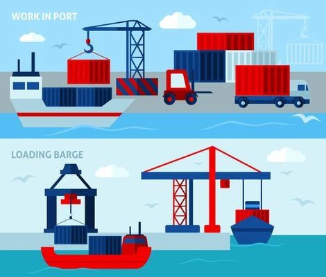 Flat color seaport   horizontal banners  illustrating work in port vector illustration