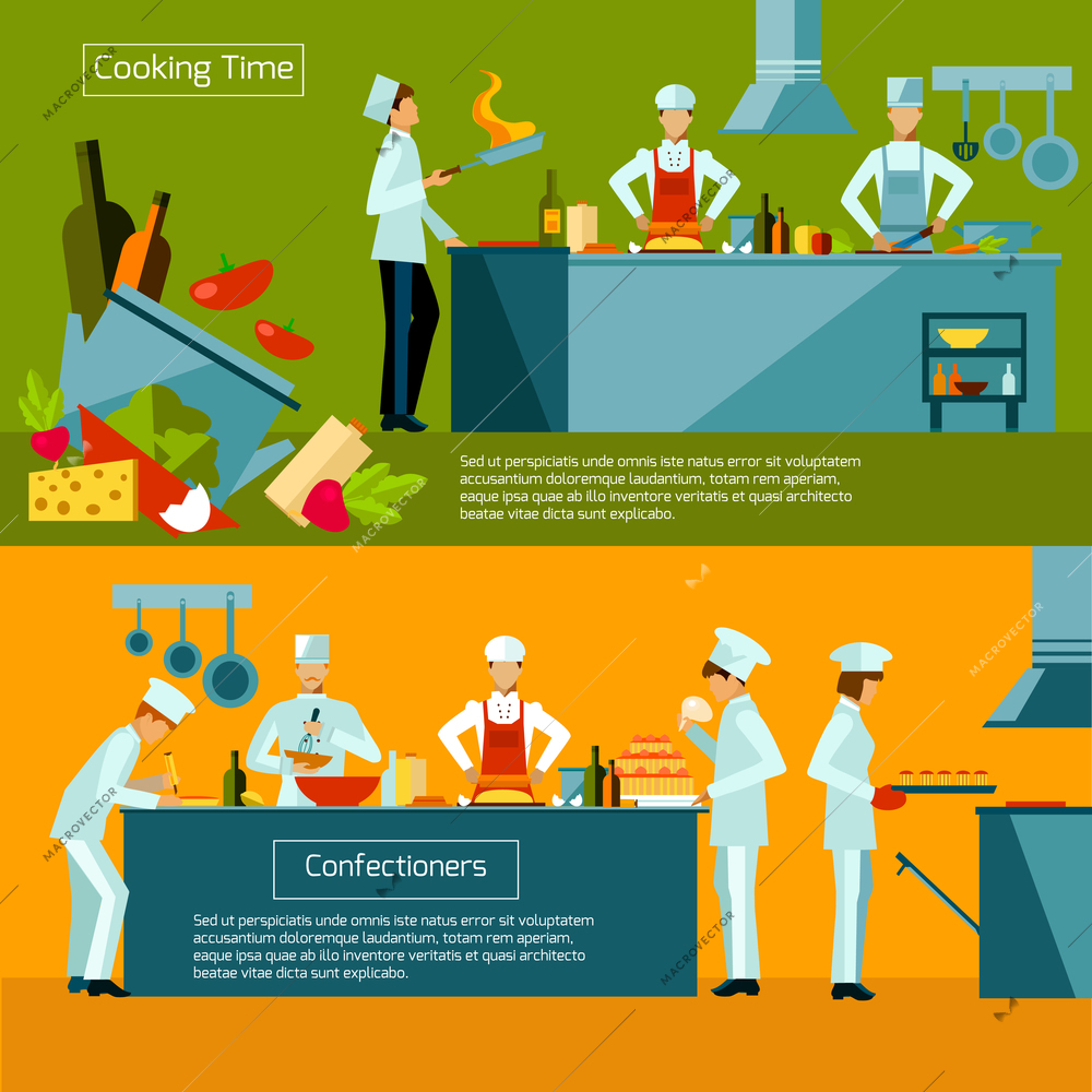 Cooking horizontal banner set with restaurant chef and assistant silhouettes isolated vector illustration