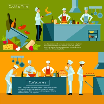 Cooking horizontal banner set with restaurant chef and assistant silhouettes isolated vector illustration