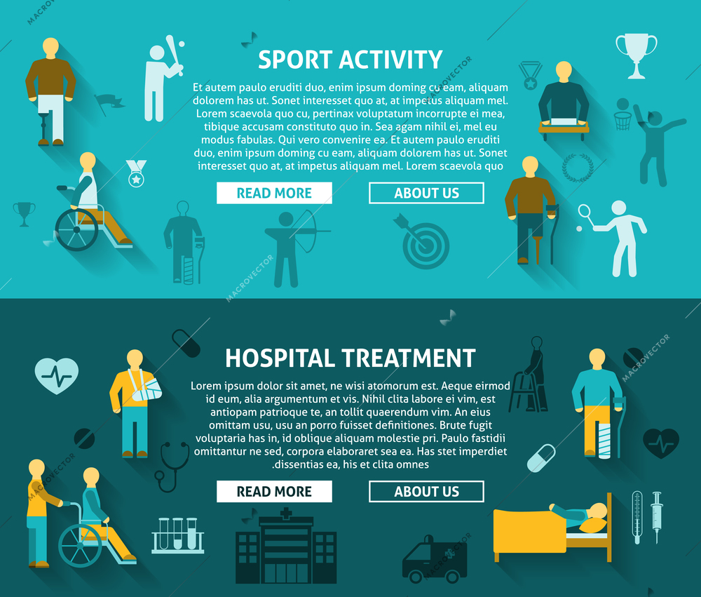 Flat color horizontal banner ad  disabled hospital treatment  and  sport activity vector illustration.