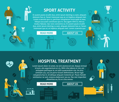 Flat color horizontal banner ad  disabled hospital treatment  and  sport activity vector illustration.