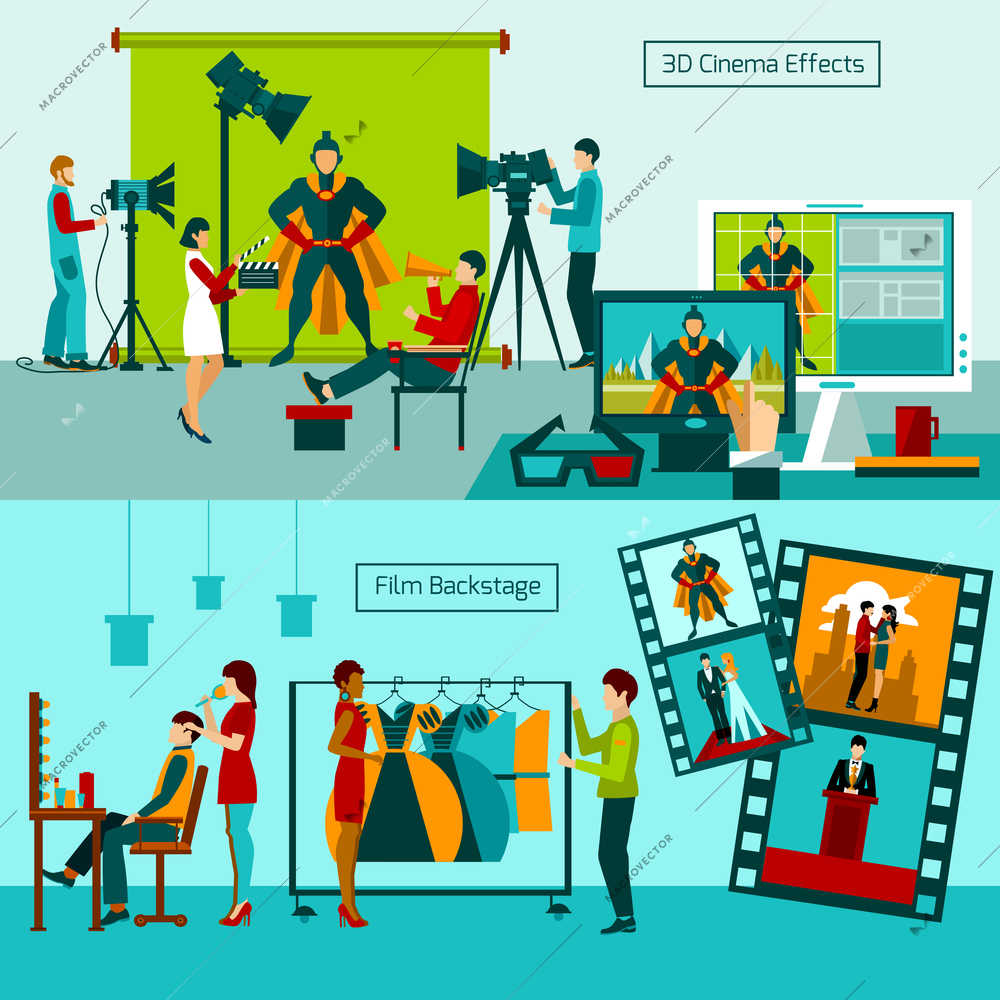 Cinema people horizontal banner set with film backstage elements isolated vector illustration