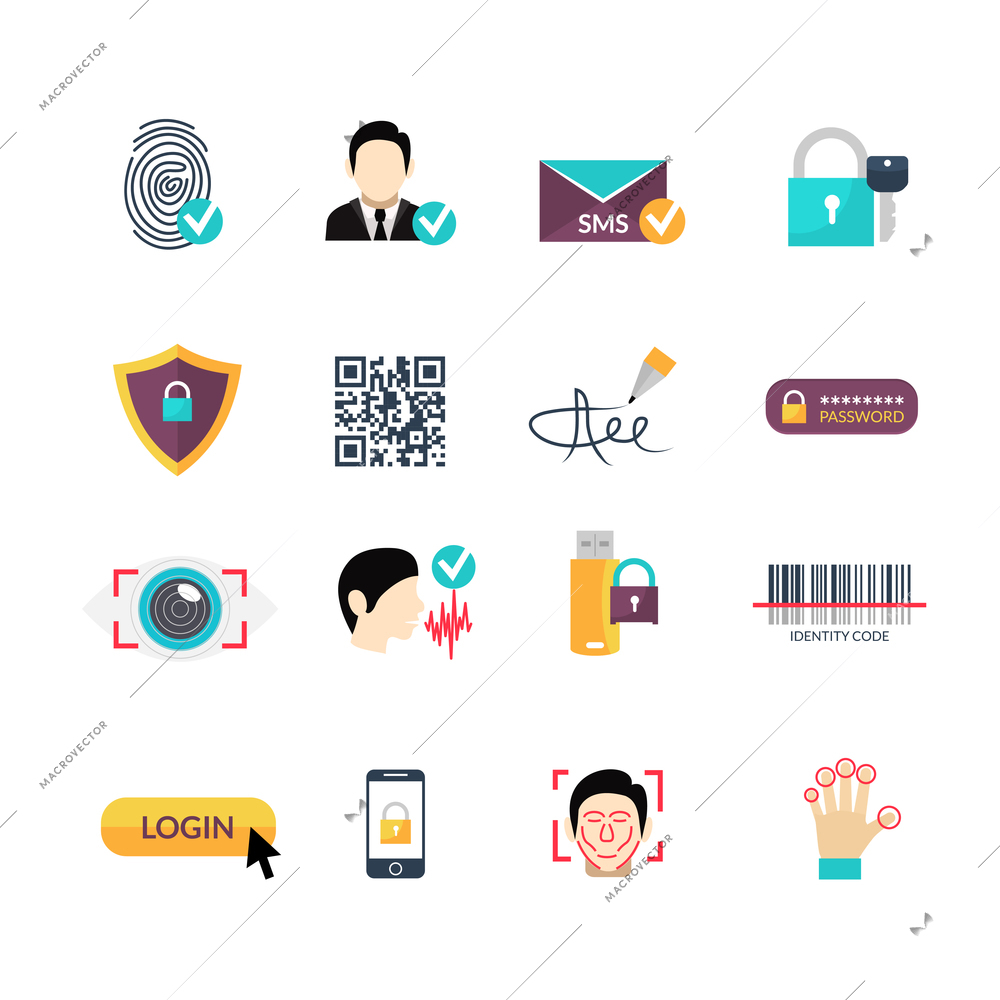 Secure identity verification code and safety management electronic systems symbols flat icons set abstract vector isolated  illustration