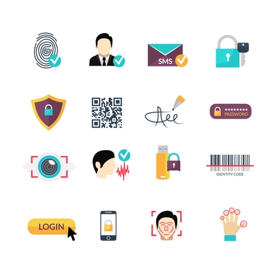 Secure identity verification code and safety management electronic systems symbols flat icons set abstract vector isolated  illustration