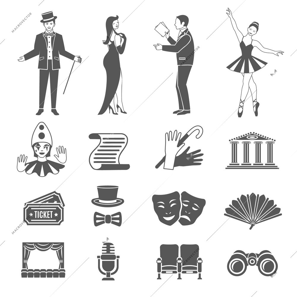 Theatre art and acting black icons set isolated vector illustration