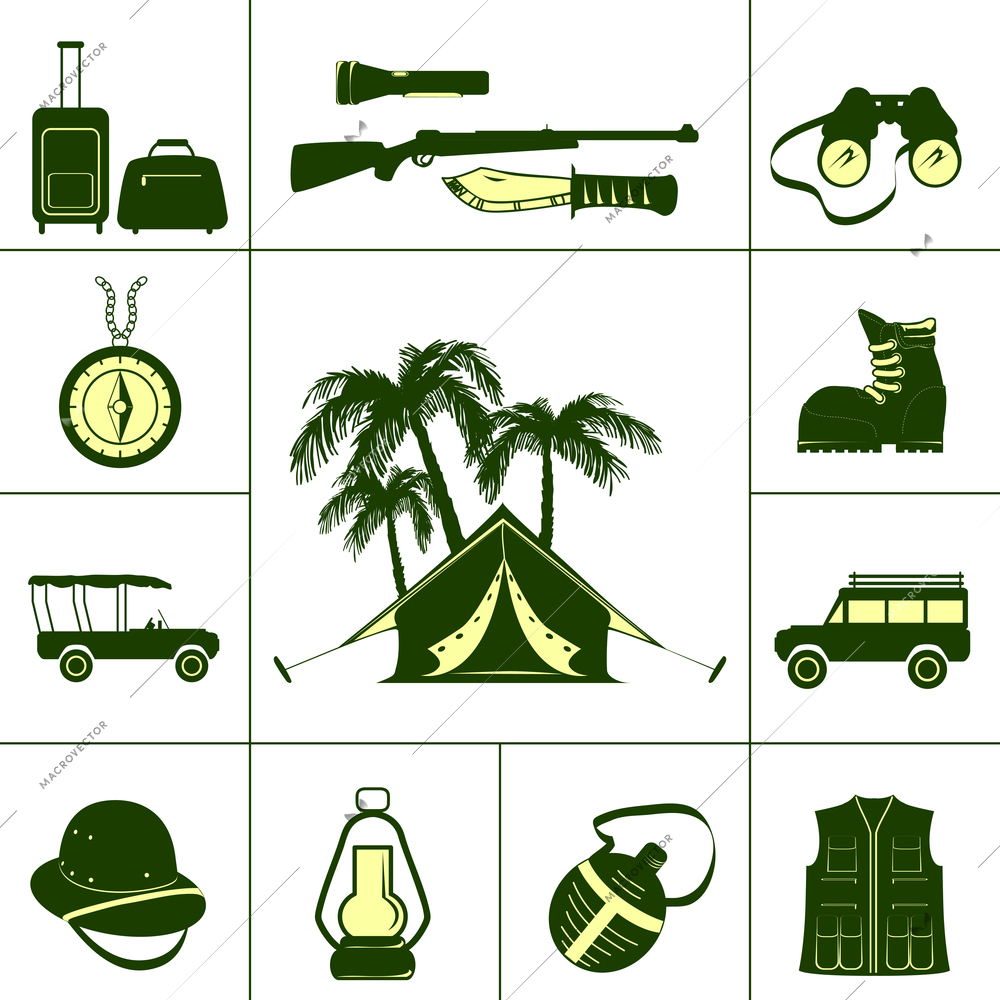 Safari icons  with tourist  ammunition and hunting  accessories isolated vector illustration