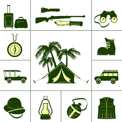 Safari icons  with tourist  ammunition and hunting  accessories isolated vector illustration