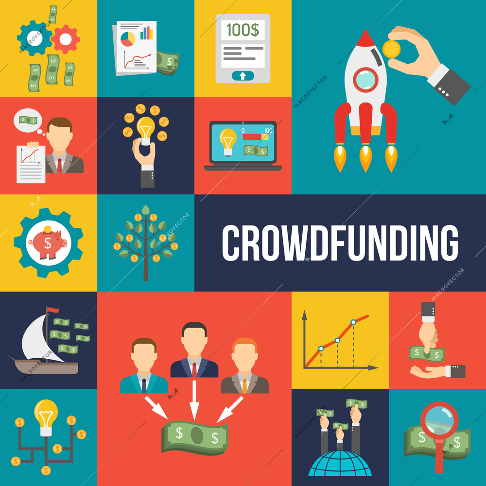 Crowdfunding flat icons set with money investment and donation symbols isolated vector illustration