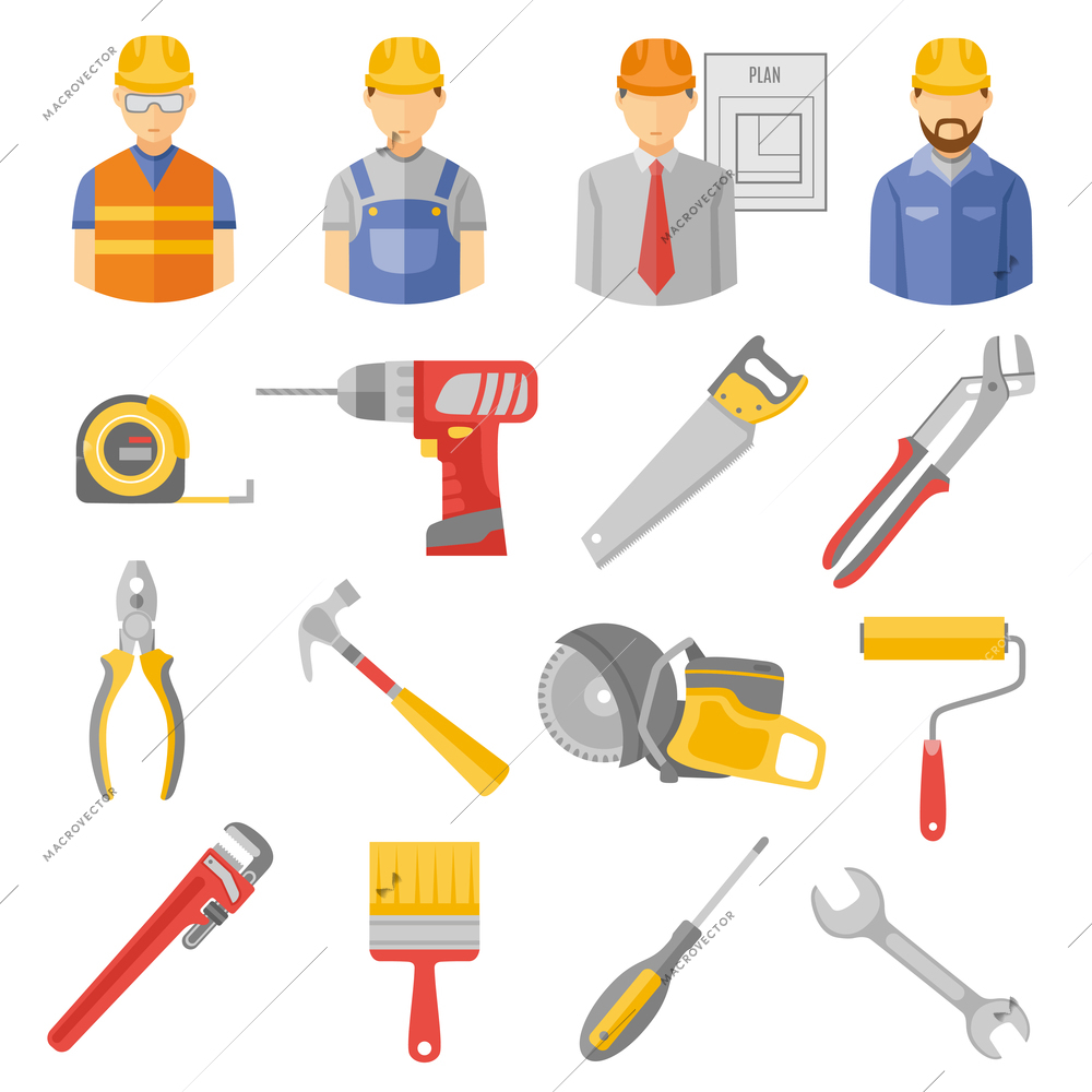 Construction and renovation flat icons set with work project manager and carpentry tools abstract isolated vector illustration