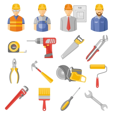 Construction and renovation flat icons set with work project manager and carpentry tools abstract isolated vector illustration