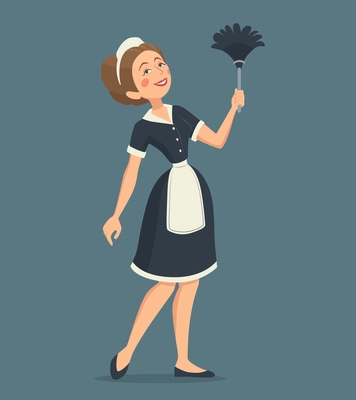 Smiling cleaning woman in a classic uniform with a duster cartoon vector illustration