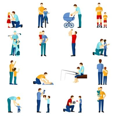 Fatherhood flat icons set with father playing with children  isolated vector illustration.