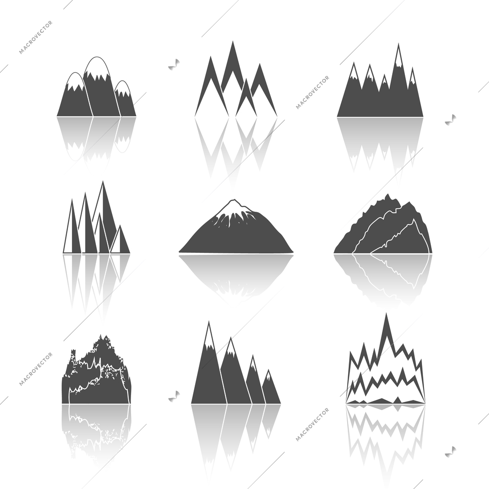 A collection of snowy mountains peaks outlines pictograms icons set vector illustration