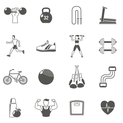 Fitness sport and healthy lifestyle black icons set isolated vector illustration