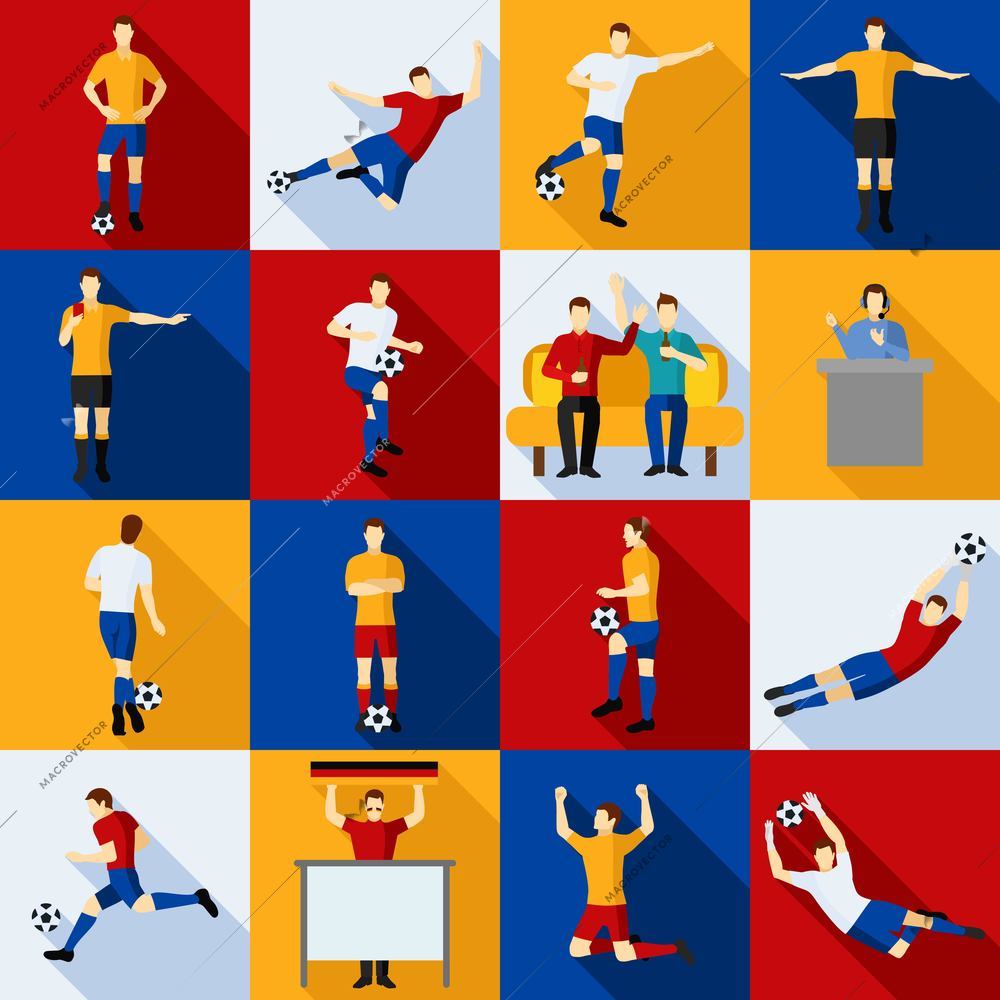 Soccer icons set players  judges commentators and fans flat  isolated vector illustration.