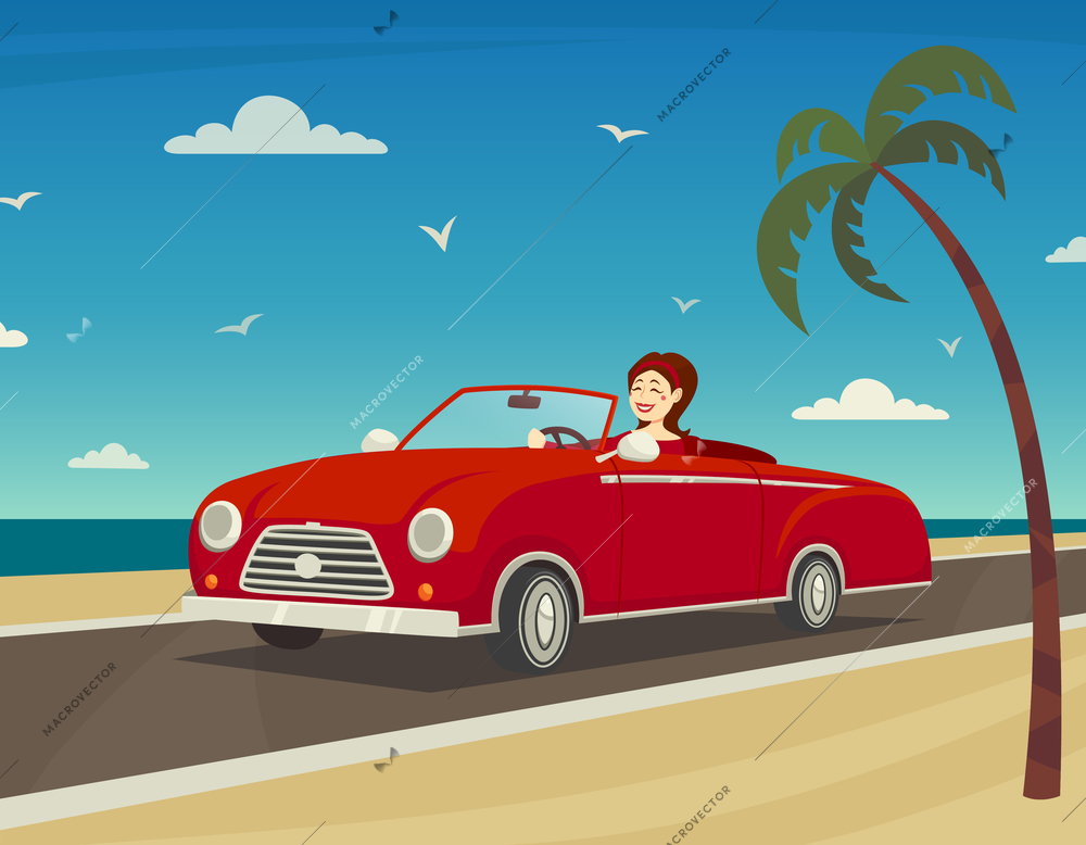 Trip to the sea background with woman driving a cabriolet cartoon vector illustration