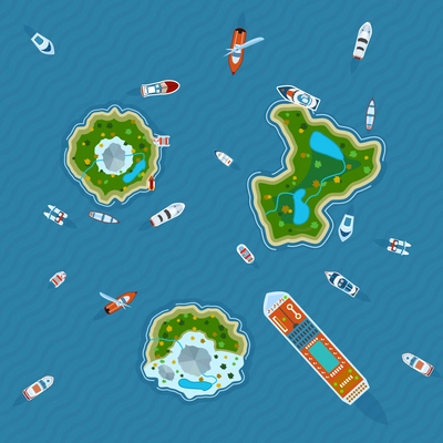 Various ships and motorboats around three islands in the ocean view  from above abstract vector illustration