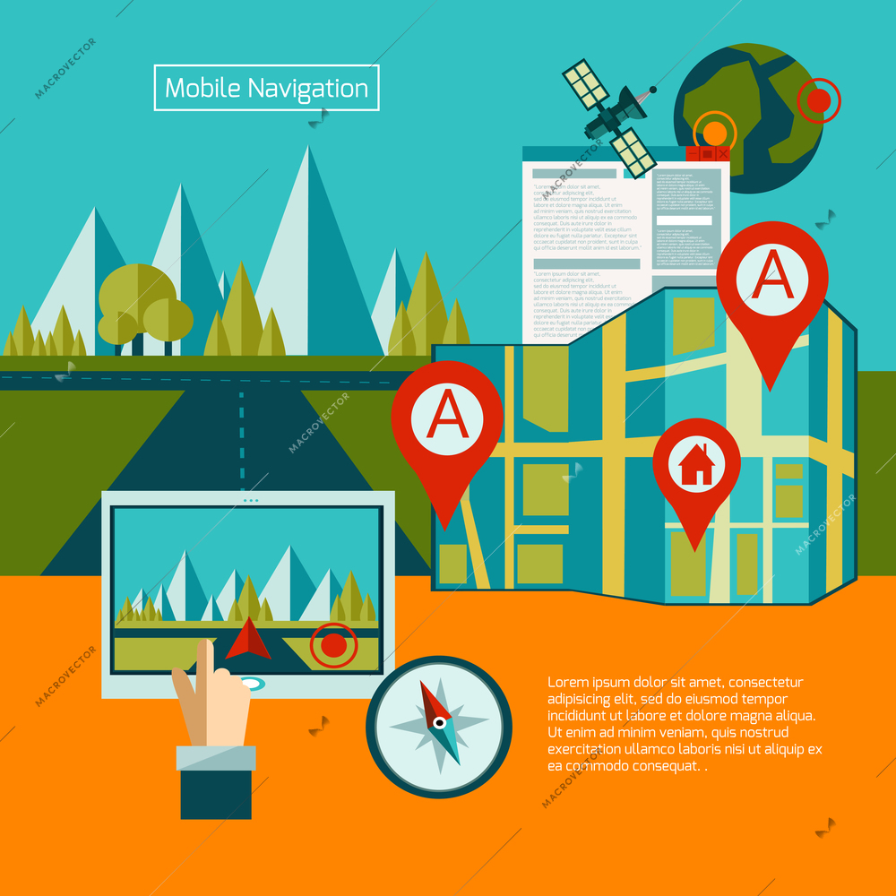 GPS navigation concept with flat map and route search elements vector illustration