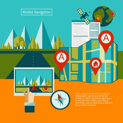 GPS navigation concept with flat map and route search elements vector illustration