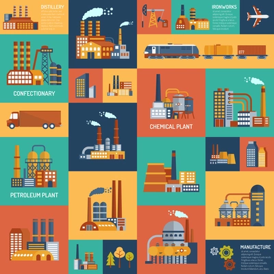 Flat color icons set with different types of industrial enterprises and  transport modes vector illustration.