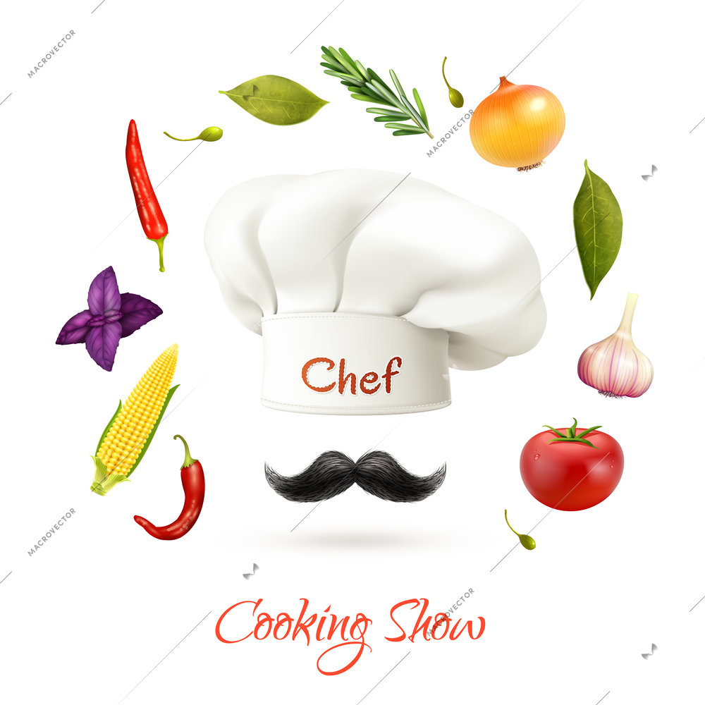 Cooking show realistic concept with chef hat mustache and ingredients isolated vector illustration