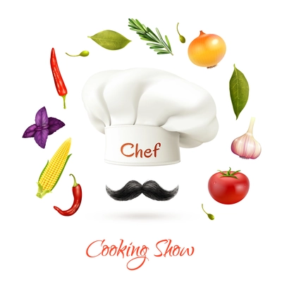 Cooking show realistic concept with chef hat mustache and ingredients isolated vector illustration