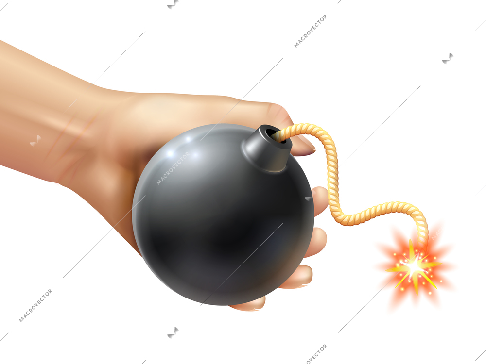 Hand holding a black round bomb with burning fuse realistic vector illustration
