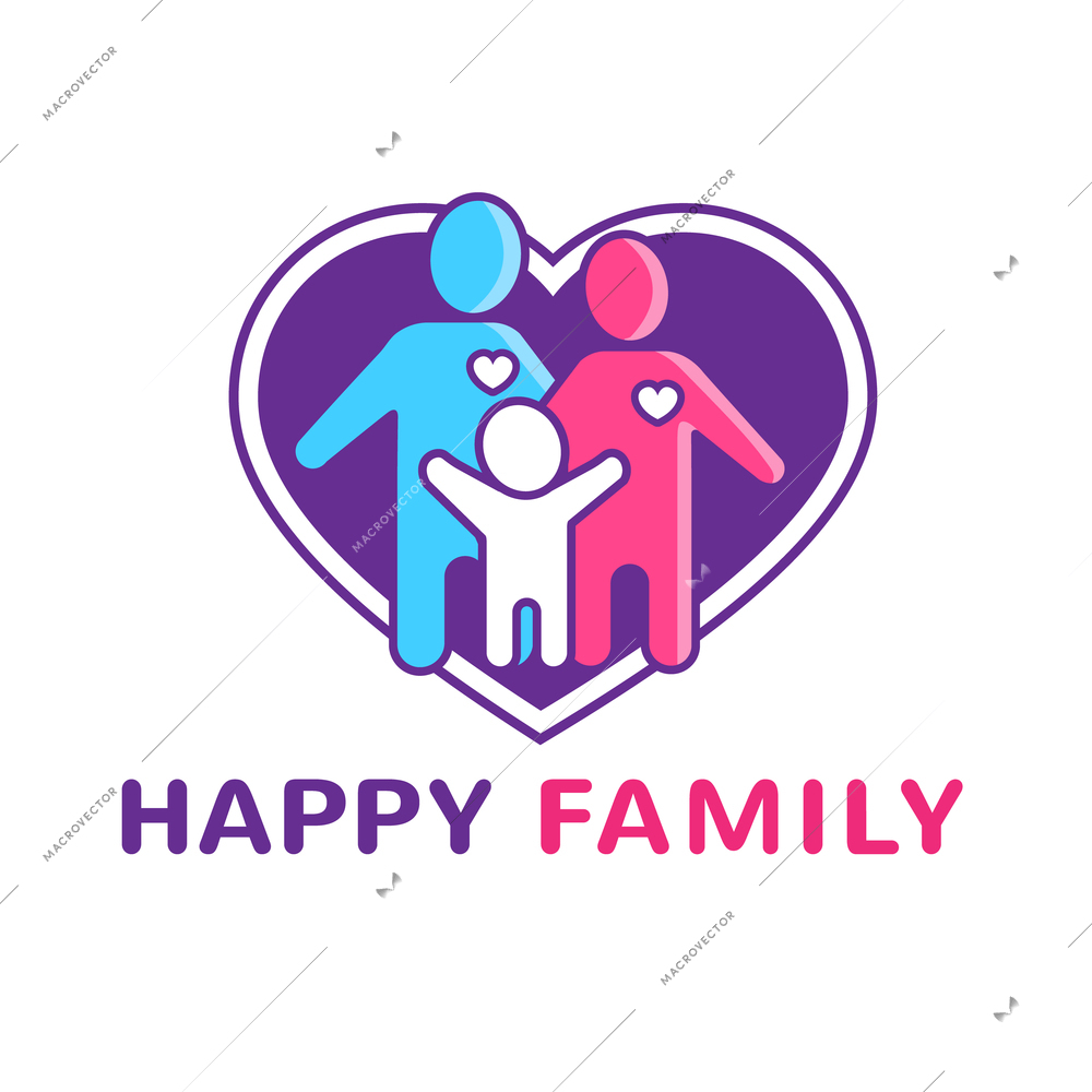 Happy family logo with parents child and big heart flat vector illustration