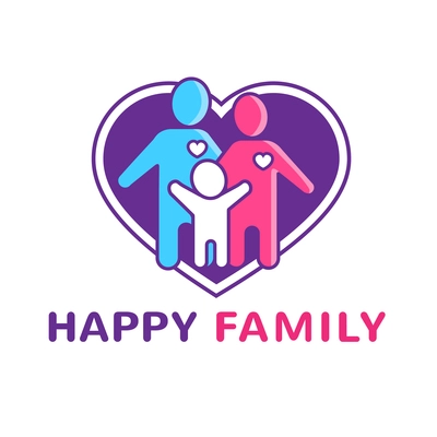 Happy family logo with parents child and big heart flat vector illustration