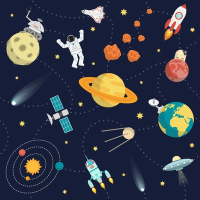 Space background flat with stars planets and astronaut vector illustration