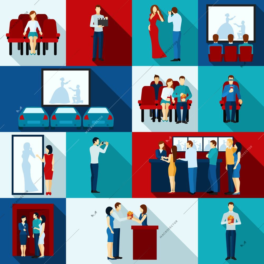 Cinematography  icons with  auditorium people watching film service personnel   flat  isolated vector  illustration.