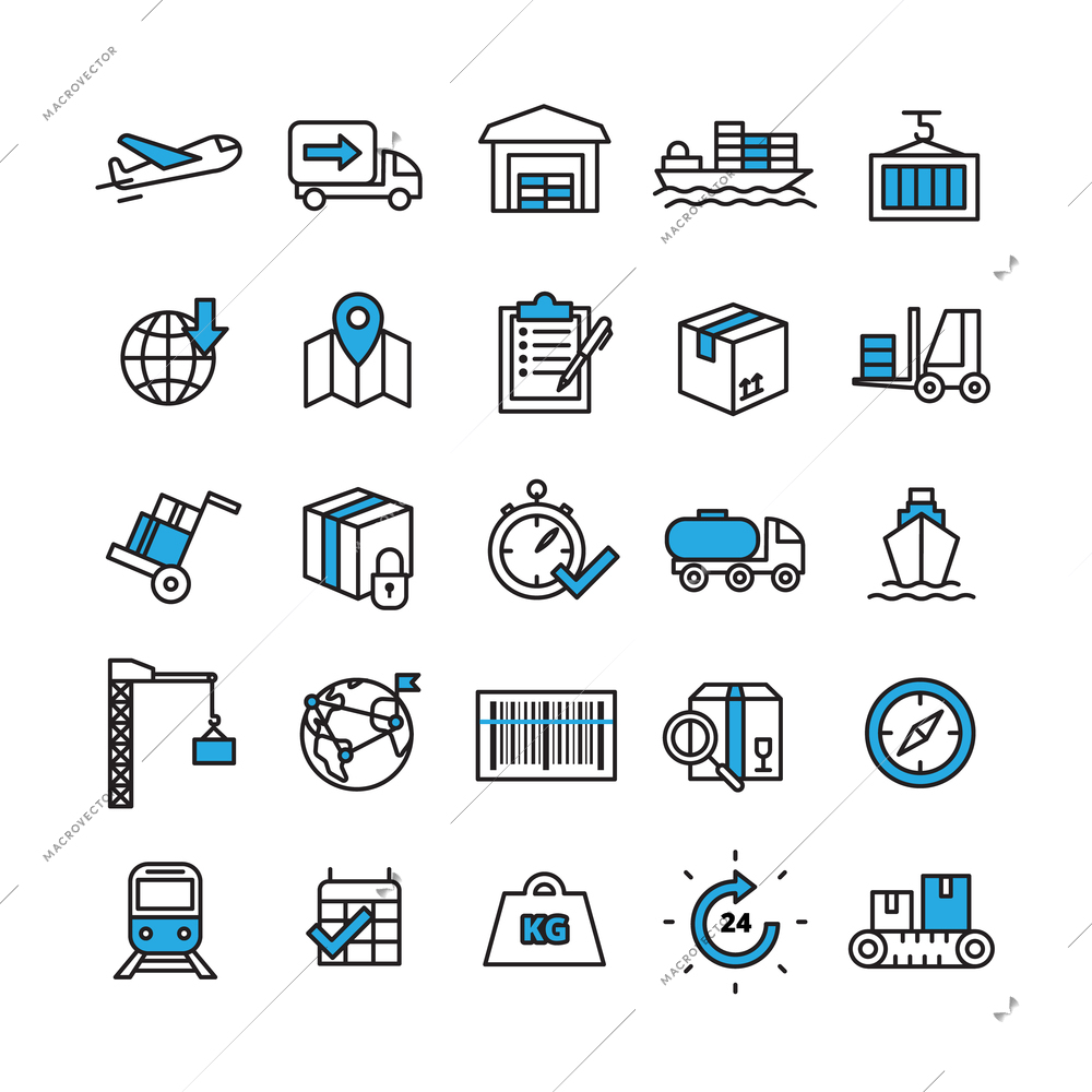 Logistics and delivery concept line icons set with time and transport symbols flat isolated vector illustration